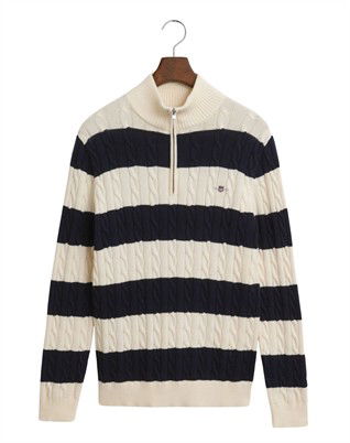 Striped Cotton Cable Half Zip Sweatshirt - Evening Blue